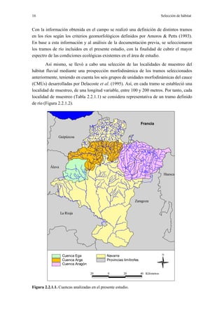 16                                                                                  Selección de hábitat


Con la información obtenida en el campo se realizó una definición de distintos tramos
en los ríos según los criterios geomorfológicos definidos por Amoros & Petts (1993).
En base a esta información y al análisis de la documentación previa, se seleccionaron
los tramos de río incluidos en el presente estudio, con la finalidad de cubrir el mayor
espectro de las condiciones ecológicas existentes en el área de estudio.
        Así mismo, se llevó a cabo una selección de las localidades de muestreo del
hábitat fluvial mediante una prospección morfodinámica de los tramos seleccionados
anteriormente, teniendo en cuenta los seis grupos de unidades morfodinámicas del cauce
(CMUs) desarrolladas por Delacoste et al. (1995). Así, en cada tramo se estableció una
localidad de muestreo, de una longitud variable, entre 100 y 200 metros. Por tanto, cada
localidad de muestreo (Tabla 2.2.1.1) se considera representativa de un tramo definido
de río (Figura 2.2.1.2).



                                                                    Francia


               Guipúzcoa




          Álava
                                                                                     Huesca




                                                              Zaragoza


                  La Rioja




                   Cuenca Ega               Navarra                                 N
                   Cuenca Arga              Provincias limítrofes
                   Cuenca Aragón

                                   20        0         20           40 Kilómetros



Figura 2.2.1.1. Cuencas analizadas en el presente estudio.
 