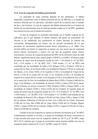 Estima de la capacidad de carga                                                       489


5.3.4. Tasa de ocupación del hábitat potencial útil
         La capacidad de carga estimada depende de dos parámetros, el hábitat
disponible, cuantificado como el hábitat potencial útil (m2 de HPU/ha), y el tamaño de
territorio utilizado por los individuos, calculado a partir de la relación entre el tamaño
del pez y del territorio. La tasa de ocupación del hábitat potencial útil es el número de
truchas de una determinada clase de edad que pueden ocupar un m2 de HPU, guardando
una relación inversa con el tamaño de territorio.
        La tasa de ocupación se encuentra relacionada con el tamaño corporal de los
individuos, por lo que depende en última instancia del patrón de crecimiento. En
Navarra se ha establecido una zonificación de tramos fluviales en función del
crecimiento, distinguiéndose los tramos con un elevado crecimiento de los que
presentan un crecimiento significativamente menor (Almodóvar et al. 2006). Esta
división define así mismo la separación en tramos con una mayor tasa de ocupación
teórica (menor crecimiento) y tramos con una tasa de ocupación menor (mayor
crecimiento). Las tasas de ocupación potencial del HPU de las diferentes clases de edad
difieren significativamente entre ambos grupos (ANOVA, p<0.0001). El primer grupo
de tramos de mayor tasa de ocupación (media de 4.68 ± 1.43 truchas 0+ m-2 de HPU,
0.92 ± 0.14 truchas 1+ m-2 de HPU, 0.42 ± 0.08 truchas >1+ m-2 de HPU) está
constituido por las localidades de Isaba (110), Belagua (210) y Uztárroz (320) de la
cuenca del río Eska, el río Zatoia (930) y la localidad de Eskaroz (710) de la cuenca del
río Salazar, el río Areta (1010), el río Legartza (1136) y la localidad de Virgen de las
Nieves (1110) de la cuenca del río Irati, el río Arrañosín (1220) y la localidad de
Espinal de la cuenca del río Urrobi, el río Sorogain (1310) y la localidad de Erro (1330)
de la cuenca del río Erro, las localidades de Quinto Real (1420) y Urtasun (1440) del río
Arga, el río Mediano y las localidades de Iraizotz (1620) y Latasa (1625) de la cuenca
del río Ultzama, los arroyos Lizarrusti (1760), Orokieta (1940) y Ubagua (2065), y las
localidades de Zudaire (2220) y Artaza (2225) del río Urederra. El segundo grupo de
tramos de menor tasa de ocupación (media de 2.93 ± 0.75 truchas 0+ m-2 de HPU, 0.62
± 0.04 truchas 1+ m-2 de HPU, 0.29 ± 0.03 truchas 1+ m-2 de HPU) está formado por las
localidades de Roncal (120) y Burgui (130) del río Eska, Güesa (720) y Aspurz (1740)
del río Salazar, Orbaitzeta (1130) del río Irati, Uriz (1260) del río Urrobi, Zunzarren
(1340) del río Erro, Idoi (1460) del río Arga, Olave (1630) del río Ultzama, Mugiro
(1820) y Latasa (1830) del río Larraun, Zúñiga (2120) y Legaria (2130) del río Ega y
Artavia (2230) del río Urederra.
       Cuando la tasa de ocupación se expresa en términos de biomasa (g m-2 de HPU)
evidentemente el patrón se invierte, y el grupo de localidades de mayor crecimiento es
el que presenta una mayor tasa de ocupación (media de 102.15 g m-2 de HPU, rango
90.5-110.7), mientras que el grupo de crecimiento menor muestra también una tasa de
ocupación menor (media de 83.13 g m-2 de HPU, rango 63.7-94.4).
 
