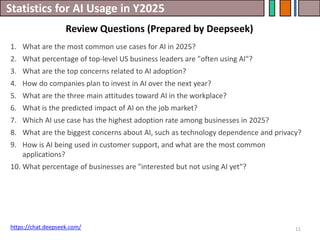 Statistics for AI Usage in Y2025
Review Questions (Prepared by Deepseek)
11
1. What are the most common use cases for AI in 2025?
2. What percentage of top-level US business leaders are "often using AI"?
3. What are the top concerns related to AI adoption?
4. How do companies plan to invest in AI over the next year?
5. What are the three main attitudes toward AI in the workplace?
6. What is the predicted impact of AI on the job market?
7. Which AI use case has the highest adoption rate among businesses in 2025?
8. What are the biggest concerns about AI, such as technology dependence and privacy?
9. How is AI being used in customer support, and what are the most common
applications?
10. What percentage of businesses are "interested but not using AI yet"?
https://chat.deepseek.com/
 