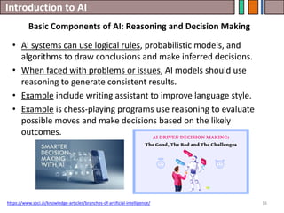 Introduction to AI
16
• AI systems can use logical rules, probabilistic models, and
algorithms to draw conclusions and make inferred decisions.
• When faced with problems or issues, AI models should use
reasoning to generate consistent results.
• Example include writing assistant to improve language style.
• Example is chess-playing programs use reasoning to evaluate
possible moves and make decisions based on the likely
outcomes.
https://www.soci.ai/knowledge-articles/branches-of-artificial-intelligence/
Basic Components of AI: Reasoning and Decision Making
 