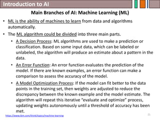 Introduction to AI
21
• ML is the ability of machines to learn from data and algorithms
automatically.
• The ML algorithm could be divided into three main parts.
• A Decision Process: ML algorithms are used to make a prediction or
classification. Based on some input data, which can be labeled or
unlabeled, the algorithm will produce an estimate about a pattern in the
data.
• An Error Function: An error function evaluates the prediction of the
model. If there are known examples, an error function can make a
comparison to assess the accuracy of the model.
• A Model Optimization Process: If the model can fit better to the data
points in the training set, then weights are adjusted to reduce the
discrepancy between the known example and the model estimate. The
algorithm will repeat this iterative “evaluate and optimize” process,
updating weights autonomously until a threshold of accuracy has been
met.
Main Branches of AI: Machine Learning (ML)
https://www.ibm.com/think/topics/machine-learning
 