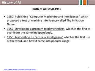 History of AI
30
• 1950: Publishing “Computer Machinery and Intelligence” which
proposed a test of machine intelligence called The Imitation
Game.
• 1952: Developing a program to play checkers, which is the first to
ever learn the game independently.
• 1955: A workshop on “artificial intelligence” which is the first use
of the word, and how it came into popular usage.
Birth of AI: 1950-1956
https://www.tableau.com/data-insights/ai/history
 