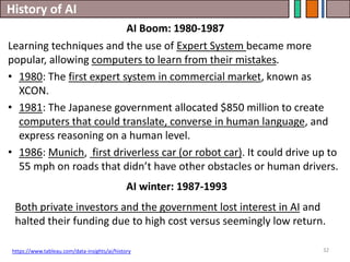 History of AI
32
Learning techniques and the use of Expert System became more
popular, allowing computers to learn from their mistakes.
• 1980: The first expert system in commercial market, known as
XCON.
• 1981: The Japanese government allocated $850 million to create
computers that could translate, converse in human language, and
express reasoning on a human level.
• 1986: Munich, first driverless car (or robot car). It could drive up to
55 mph on roads that didn’t have other obstacles or human drivers.
AI Boom: 1980-1987
https://www.tableau.com/data-insights/ai/history
AI winter: 1987-1993
Both private investors and the government lost interest in AI and
halted their funding due to high cost versus seemingly low return.
 