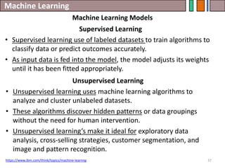 Machine Learning
37
Supervised Learning
• Supervised learning use of labeled datasets to train algorithms to
classify data or predict outcomes accurately.
• As input data is fed into the model, the model adjusts its weights
until it has been fitted appropriately.
https://www.ibm.com/think/topics/machine-learnng
Machine Learning Models
Unsupervised Learning
• Unsupervised learning uses machine learning algorithms to
analyze and cluster unlabeled datasets.
• These algorithms discover hidden patterns or data groupings
without the need for human intervention.
• Unsupervised learning’s make it ideal for exploratory data
analysis, cross-selling strategies, customer segmentation, and
image and pattern recognition.
 