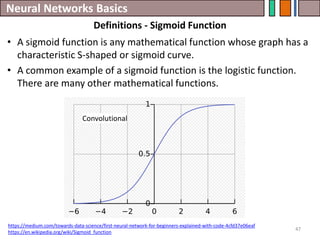 Neural Networks Basics
47
• A sigmoid function is any mathematical function whose graph has a
characteristic S-shaped or sigmoid curve.
• A common example of a sigmoid function is the logistic function.
There are many other mathematical functions.
https://medium.com/towards-data-science/first-neural-network-for-beginners-explained-with-code-4cfd37e06eaf
https://en.wikipedia.org/wiki/Sigmoid_function
Definitions - Sigmoid Function
Convolutional
Convolutional
Convolutional
 