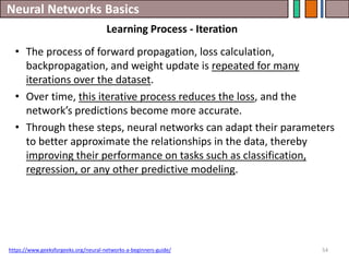 Neural Networks Basics
54
• The process of forward propagation, loss calculation,
backpropagation, and weight update is repeated for many
iterations over the dataset.
• Over time, this iterative process reduces the loss, and the
network’s predictions become more accurate.
• Through these steps, neural networks can adapt their parameters
to better approximate the relationships in the data, thereby
improving their performance on tasks such as classification,
regression, or any other predictive modeling.
https://www.geeksforgeeks.org/neural-networks-a-beginners-guide/
Learning Process - Iteration
 
