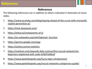 References
References
76
The following references are in addition to others indicated in footnotes of some
slides.
1. https://www.acuitykp.com/blog/staying-ahead-of-the-curve-with-microsoft-
copilot-generative-ai/
2. https://chat.deepseek.com/
3. https://ellow.io/components-of-ai
4. https://en.wikipedia.org/wiki/Sigmoid_function
5. https://gemini.google.com/app
6. https://juliety.com/ai-statistics
7. https://medium.com/towards-data-science/first-neural-network-for-
beginners-explained-with-code-4cfd37e06eaf
8. https://www.geeksforgeeks.org/fuzzy-logic-introduction/
9. https://www.geeksforgeeks.org/neural-networks-a-beginners-guide/
 