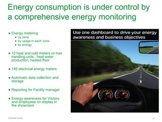 Energy consumption is under control by
a comprehensive energy monitoring
● Energy metering
       ● by zone
       ● by usage in each zone
       ● by energy

● 12 heat and cold meters on hair
  handling units , heat water
  production, heated floor

● 140 electrical energy meters

● Automatic data collection and
  storage

● Reporting for Facility manager

● Energy awareness for Visitors
  and employees on display in
  the showroom


Schneider Electric                       15
 