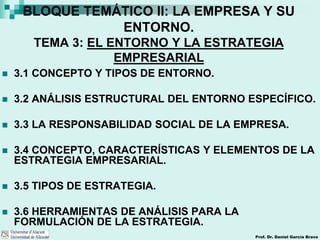 Prof. Dr. Daniel García Bravo
BLOQUE TEMÁTICO II: LA EMPRESA Y SU
ENTORNO.
TEMA 3: EL ENTORNO Y LA ESTRATEGIA
EMPRESARIAL
 3.1 CONCEPTO Y TIPOS DE ENTORNO.
 3.2 ANÁLISIS ESTRUCTURAL DEL ENTORNO ESPECÍFICO.
 3.3 LA RESPONSABILIDAD SOCIAL DE LA EMPRESA.
 3.4 CONCEPTO, CARACTERÍSTICAS Y ELEMENTOS DE LA
ESTRATEGIA EMPRESARIAL.
 3.5 TIPOS DE ESTRATEGIA.
 3.6 HERRAMIENTAS DE ANÁLISIS PARA LA
FORMULACIÓN DE LA ESTRATEGIA.
 