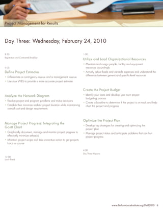 Project Management for Results



Day Three: Wednesday, February 24, 2010

8:30                                                                     1:00
Registration and Continental Breakfast
                                                                         Utilize and Load Organizational Resources
                                                                         • Maintain and assign people, facility and equipment
9:00                                                                       resources accordingly
Define Project Estimates                                                 • Actively adjust loads and variable expenses and understand the
                                                                           difference between generic-and speciﬁc-level resources
• Differentiate a contingency reserve and a management reserve
• Use your WBS to provide a more accurate project estimate


                                                                         Create the Project Budget
Analyze the Network Diagram                                              • Identify your costs and develop your own project
                                                                           budgeting process
• Resolve project and program problems and make decisions
                                                                         • Create a baseline to determine if the project is on track and help
• Establish then minimize realistic project duration while maintaining     chart the project and progress
  overall cost and design requirements



                                                                         Optimize the Project Plan
Manage Project Progress: Integrating the
                                                                         • Develop key strategies for creating and optimizing the
Gantt Chart
                                                                           project plan
• Graphically document, manage and monitor project progress to           • Manage project status and anticipate problems that can hurt
  effectively minimize setbacks                                            project progress
• Maintain project scope and take corrective action to get projects
  back on course

                                                                         4:00
                                                                         Day Three Adjourns
12:00
Lunch Break




                                                                                                   www.PerformanceInstitute.org/PMR2010 6
 