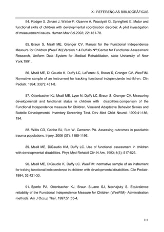 XI. REFERENCIAS BIBLIOGRÁFICAS
111
84. Rodger S, Ziviani J, Watter P, Ozanne A, Woodyatt G, Springfield E. Motor and
functional skills of children with developmental coordination disorder: A pilot investigation
of measurement issues. Human Mov Sci.2003; 22: 461-78.
85. Braun S, Msall ME, Granger CV. Manual for the Functional Independence
Measure for Children (WeeFIM).Version 1.4.Buffalo.NY:Center for Functional Assessment
Research, Uniform Data System for Medical Rehabilitation, state University of New
York;1991.
86. Msall ME, Di Gaudio K, Duffy LC, LaForest S, Braun S, Granger CV. WeeFIM.
Normative sample of an instrument for tracking functional independende inchildren. Clin
Pediatr. 1994; 33(7): 431-8.
87. Ottenbacher KJ, Msall ME, Lyon N, Duffy LC, Braun S, Granger CV. Measuring
developmental and functional status in children with disabilities:comparison of the
Functional Independence measure for Children, Vineland Adaptative Behavior Scales and
Battelle Developmental Inventory Screening Test. Dev Med Child Neurol. 1999;41:186-
194.
88. Willis CD, Gabbe BJ, Butt W, Cameron PA. Assessing outcomes in paediatric
trauma populations. Injury. 2006 (37): 1185-1196.
89. Msall ME, DiGaudio KM, Duffy LC. Use of functional assessment in children
with developmental disabilities. Phys Med Rehabil Clin N Am. 1993; 4(3): 517-525.
90. Msall ME, DiGaudio K, Duffy LC. WeeFIM: normative sample of an instrument
for traking functional independence in children with developmental disabilities. Clin Pediatr.
1994; 33:421-30.
91. Sperle PA, Ottenbacher KJ, Braun S,Lane SJ, Nochajsky S. Equivalence
reliability of the Functional Independence Measure for Children (WeeFIM)- Administration
methods. Am J Occup Ther. 1997;51:35-4.
 