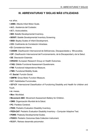 III. ABREVIATURAS Y SIGLAS
18
III. ABREVIATURAS Y SIGLAS MÁS UTILIZADAS
▪ a: años.
▪ AIMS: Alberta Infant Motor Scale.
▪ A.C.: Asistencia del Cuidador.
▪ A.T.: Autocuidados.
▪ BDI: Batelle Developmental Inventory.
▪ BDSIT: Batelle Developmental Inventory Screening.
▪ BSD: Bayley Scales of Infant Development.
▪ CCI: Coeficiente de Correlación Intraclase.
▪ CI: Consistencia Interna.
▪ CIDDM: Clasificación Internacional de Deficiencias, Discapacidades y Minusvalías.
▪ CIF: Clasificación Internacional del Funcionamiento, de la Discapacidad y de la Salud.
▪ DE: Desviación Estandar.
▪ ERGHO: European Research Group on Health Outcomes.
▪ FAQ: Gillette Functional Assessment Questionaire.
▪ FIM: Functional Independence Measure.
▪ FMS: Functional Mobility Scale.
▪ F. Social: Función Social.
▪ GMFM: Gross Motor Function Measure.
▪ H.F: Habilidades Funcionales.
▪ ICF-CY: Internacional Classification of Functioning Disability and Health for children and
Youth.
▪ m: meses.
▪ Mov: Movilidad.
▪ Movement ABC: Movement Assessment Battery for Children.
▪ OMS: Organización Mundial de la Salud.
▪ PC: Parálisis Cerebral.
▪ PEDI: Pediatric Evaluation Disability Inventory.
▪ PEDI-CAT: Pediatric Evaluation Disability Inventory – Computer Adaptive Test.
▪ PDMS: Peabody Developmental Scales.
▪ PODCI: Pediatric Outcomes Data Collection Instrument.
▪ R.D.P.: Retraso desarrollo psicomotor.
 