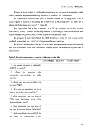 VI. MATERIAL Y MÉTODO
46
Previamente se realizó el perfil epidemiológico de las personas encuestadas: edad,
nivel profesional, experiencia laboral y experiencia en el uso del cuestionario.
El cuestionario administrado para el sondeo consta de 10 preguntas y es el
utilizado para el estudio de la validez de contenido en el PEDI original29
, así como en la
adaptación holandesa del mismo56, 57
(tabla 5).
Las preguntas 1-4 y las preguntas 9 y 10 se puntúan en escala nominal
(respuestas: SI/NO). El resto de las preguntas se puntúan según una escala ordinal de 6
respuestas tipo: muy mala/ mala/ neutra/ buena/ muy buena/ no sabe.
La pregunta 8 sobre la longitud del PEDI también se mide en una escala ordinal
con las 5 respuestas: muy corto/ corto/ adecuado/ largo/ muy largo.
En el caso de las cuestiones 9 y 10 se sugiere a los encuestados que señalen que
ítem añadirían al test y que ítem cambiarían o creen que no hace falta que aparezca en el
cuestionario.
Tabla 5. Cuestionario para evaluar la validez de contenido
Autocuidados Movilidad Función Social
1. ¿Le parece adecuada la traducción
del PEDI al español?
2. ¿Están los aspectos más
importantes representados en cada
dominio?
3. ¿Cree que son comprensibles los
ítems del PEDI?
4. ¿Cree que son apropiados los ítems
para su uso en los niños españoles?
5. ¿Qué capacidad cree que tiene el
PEDI para discriminar entre niños
discapacitados y sanos?
6. ¿Qué capacidad cree que tiene el
test para detectar cambios en la función?
7. ¿Qué posibilidades tiene el PEDI de
ser usado por profesionales y por
 