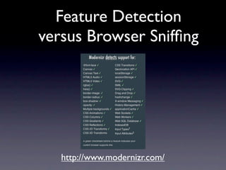 Feature Detection
versus Browser Snifﬁng




   http://www.modernizr.com/
 