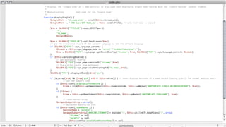 /**
	    * Displays the "single view" of a news article. Is also used when displaying single news records with the "insert records" content element.
	    *
	    * @return	string	    	    html-code for the "single view"
	    */
	   function displaySingle() {
	   	    $singleWhere = 'tt_news.uid=' . intval($this->tt_news_uid);
	   	    $singleWhere .= ' AND type NOT IN(1,2)' . $this->enableFields; // only real news -> type=0

	   	    $res   = $GLOBALS['TYPO3_DB']->exec_SELECTquery(
	   	    	      '*',
	   	    	      'tt_news',
	   	    	      $singleWhere);

	   	    $row = $GLOBALS['TYPO3_DB']->sql_fetch_assoc($res);
	   	    // get the translated record if the content language is not the default language
	   	    if ($GLOBALS['TSFE']->sys_language_content) {
	   	    	    $OLmode = ($this->sys_language_mode == 'strict'?'hideNonTranslated':'');
	   	    	    $row = $GLOBALS['TSFE']->sys_page->getRecordOverlay('tt_news', $row, $GLOBALS['TSFE']->sys_language_content, $OLmode);
	   	    }
	   	    if ($this->versioningEnabled) {
	   	    	    // get workspaces Overlay
	   	    	    $GLOBALS['TSFE']->sys_page->versionOL('tt_news',$row);
	   	    	    // fix pid for record from workspace
	   	    	    $GLOBALS['TSFE']->sys_page->fixVersioningPid('tt_news',$row);
	   	    }
	   	    $GLOBALS['TSFE']->displayedNews[]=$row['uid'];

	   	    if (is_array($row) && ($row['pid'] > 0 || $this->vPrev)) { // never display versions of a news record (having pid=-1) for normal website users
	   	    	    	     // Get the subpart code
	   	    	    if ($this->conf['displayCurrentRecord']) {
	   	    	    	     $item = trim($this->getNewsSubpart($this->templateCode, $this->spMarker('###TEMPLATE_SINGLE_RECORDINSERT###'), $row));
	   	    	    }
	   	    	    if (!$item) {
	   	    	    	     $item = $this->getNewsSubpart($this->templateCode, $this->spMarker('###TEMPLATE_SINGLE###'), $row);
	   	    	    }
	   	    	    	     // reset marker array
	   	    	    $wrappedSubpartArray = array();
	   	    	    	     // build the backToList link
	   	    	    if ($this->conf['useHRDates']) {
	   	    	    	     $pointerName = 'pointer';
	   	    	    	     $wrappedSubpartArray['###LINK_ITEM###'] = explode('|', $this->pi_linkTP_keepPIvars('|', array(
	   	    	    	     	    'tt_news' => null,
	   	    	    	     	    'backPid' => null,
	   	    	    	     	    $this->config['singleViewPointerName'] => null,
	   	    	    	     	    'pS' => null,
	   	    	    	     	    'pL' => null), $this->allowCaching, ($this->conf['dontUseBackPid']?1:0), $this->config['backPid']));
 