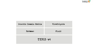 Generic Domain Models       ViewHelpers



      Extbase                 Fluid



                 TYPO3 v4
 