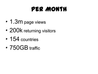 Per Month
·   1.3m page views
·   200k returning visitors
·   154 countries
·   750GB traffic
 