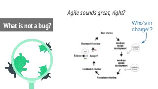 Agile sounds great, right?
What is not a bug? Who’s in
charge!?
 