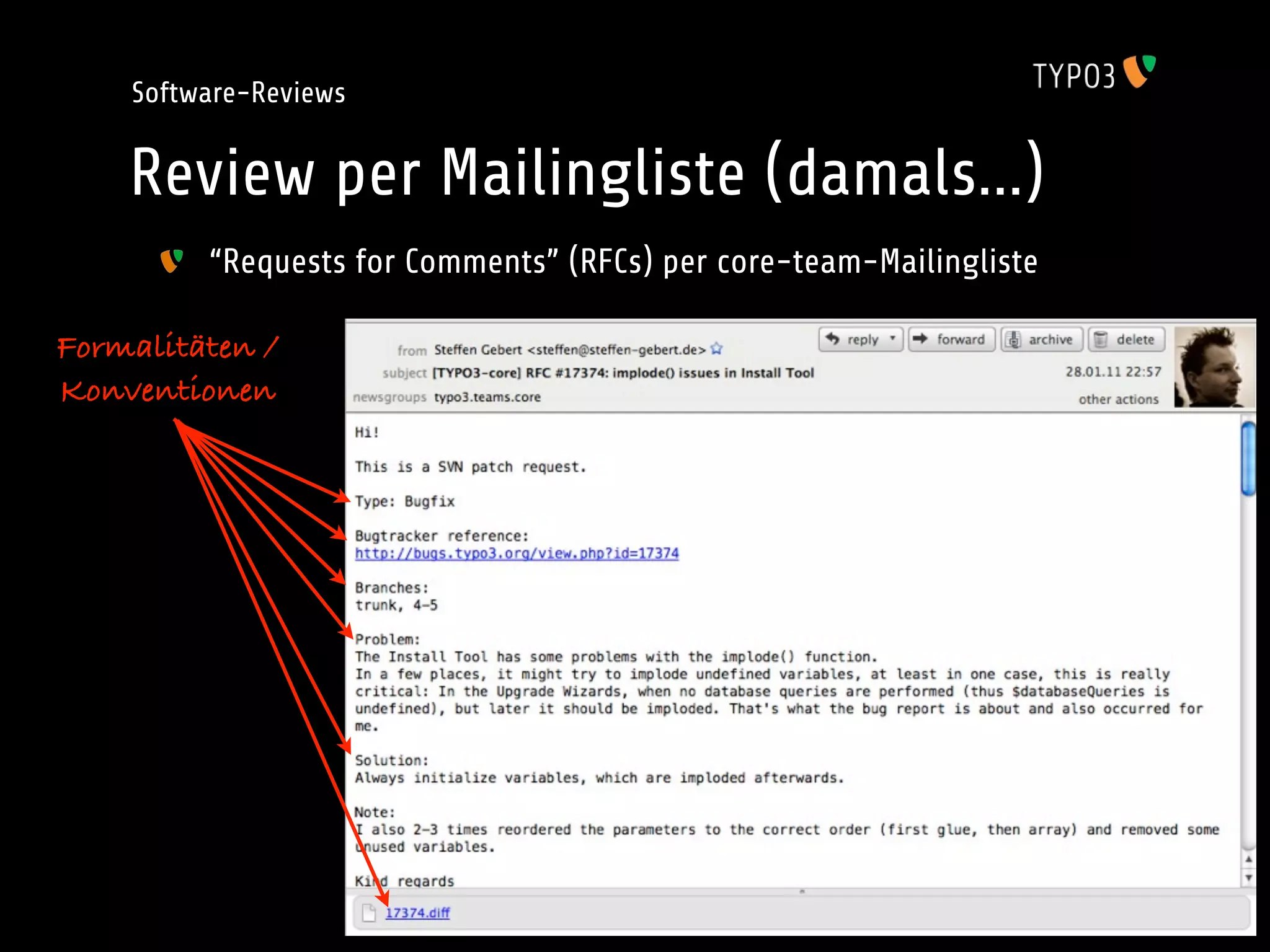 Software-Reviews


    Review per Mailingliste (damals...)
         “Requests for Comments” (RFCs) per core-team-Mailingliste

Formalitäten /
Konventionen
 