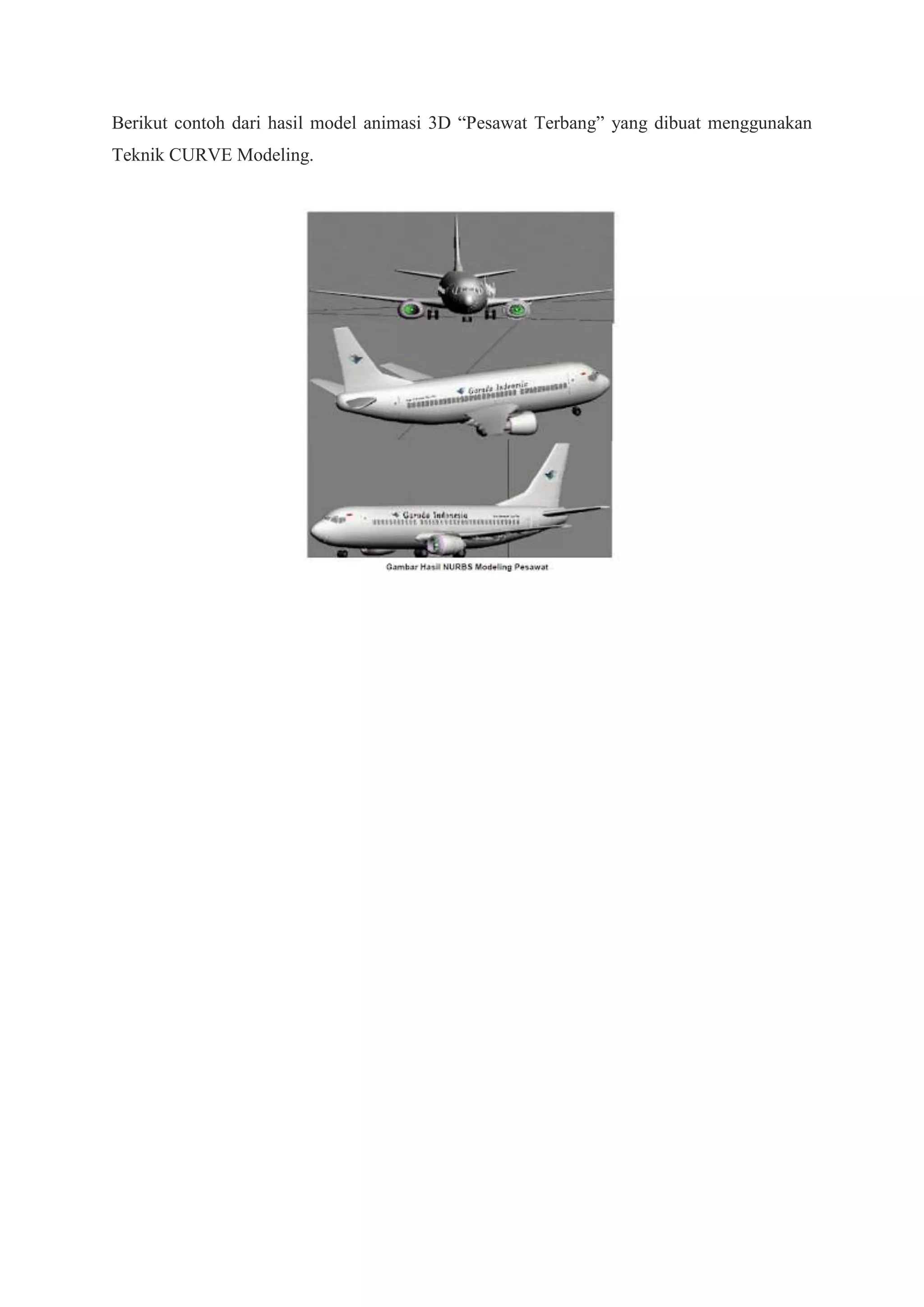 Berikut contoh dari hasil model animasi 3D “Pesawat Terbang” yang dibuat menggunakan
Teknik CURVE Modeling.

 