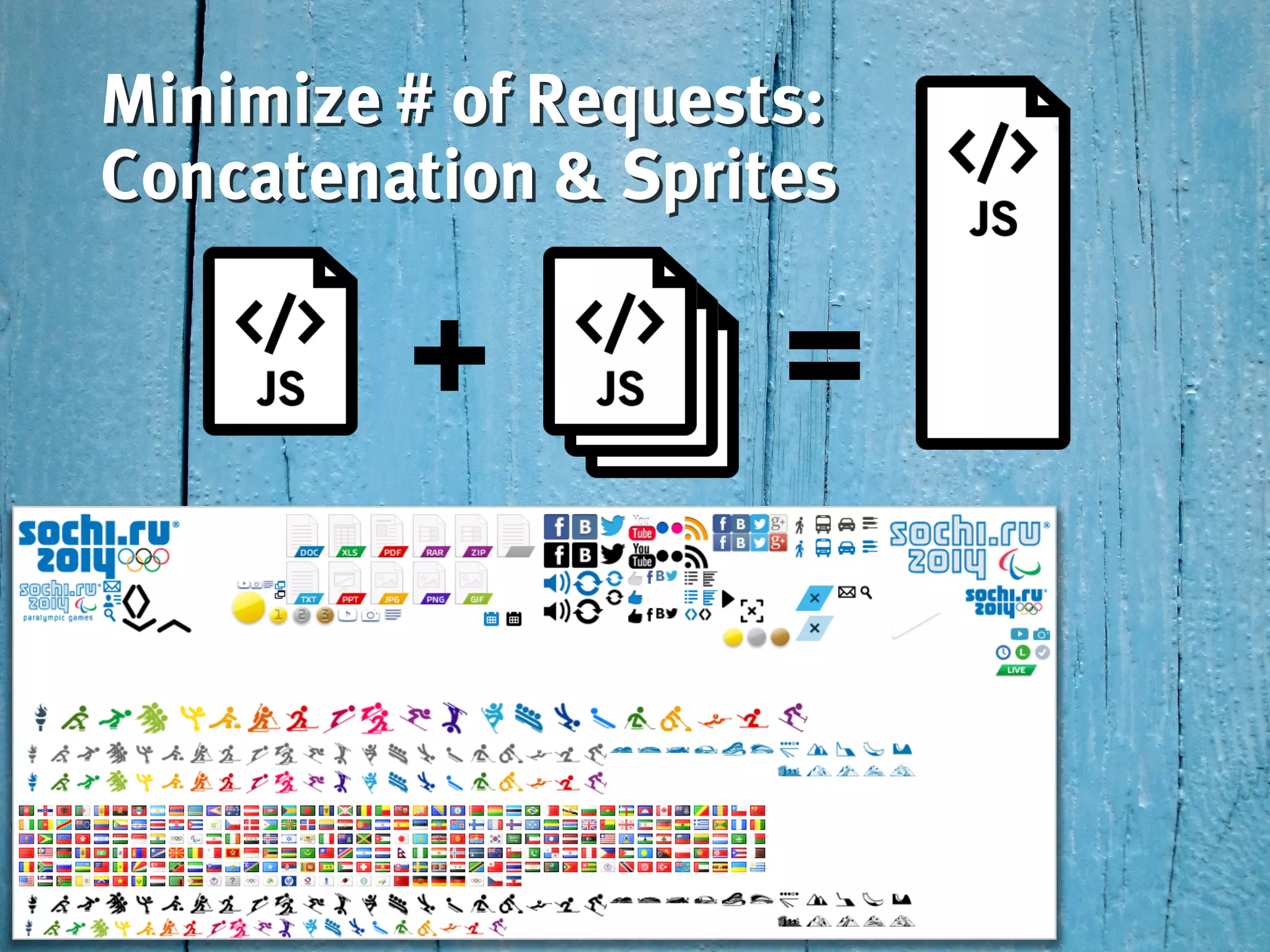 Minimize # of Requests:
Concatenation & Sprites
+ =
 