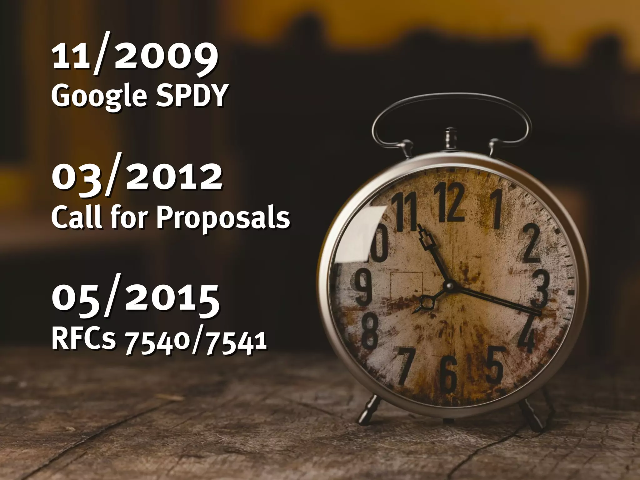 11/2009
Google SPDY
03/2012
Call for Proposals
05/2015
RFCs 7540/7541
 