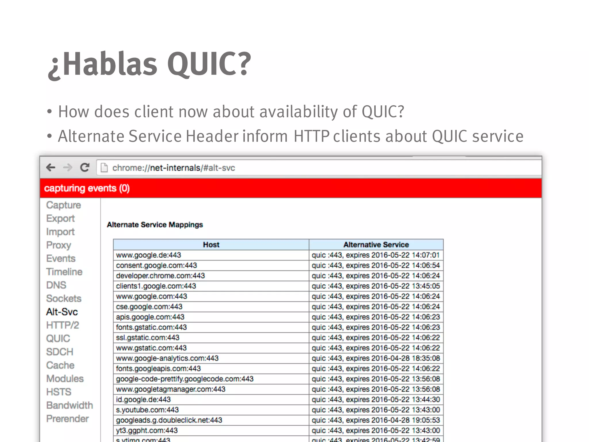 ¿Hablas QUIC?
• How does client now about availability of QUIC?
• Alternate Service Header inform HTTP clients about QUIC service
 