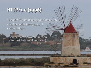 HTTP/1.1 (1997)
• Keep-alive: persistent TCP connection
• Chunked Transfer: Response size doesn’t need be known a priori
•...