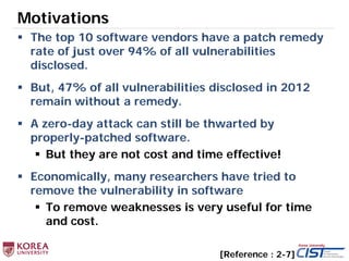 Motivations
 The top 10 software vendors have a patch remedy
rate of just over 94% of all vulnerabilities
disclosed.
 Bu...