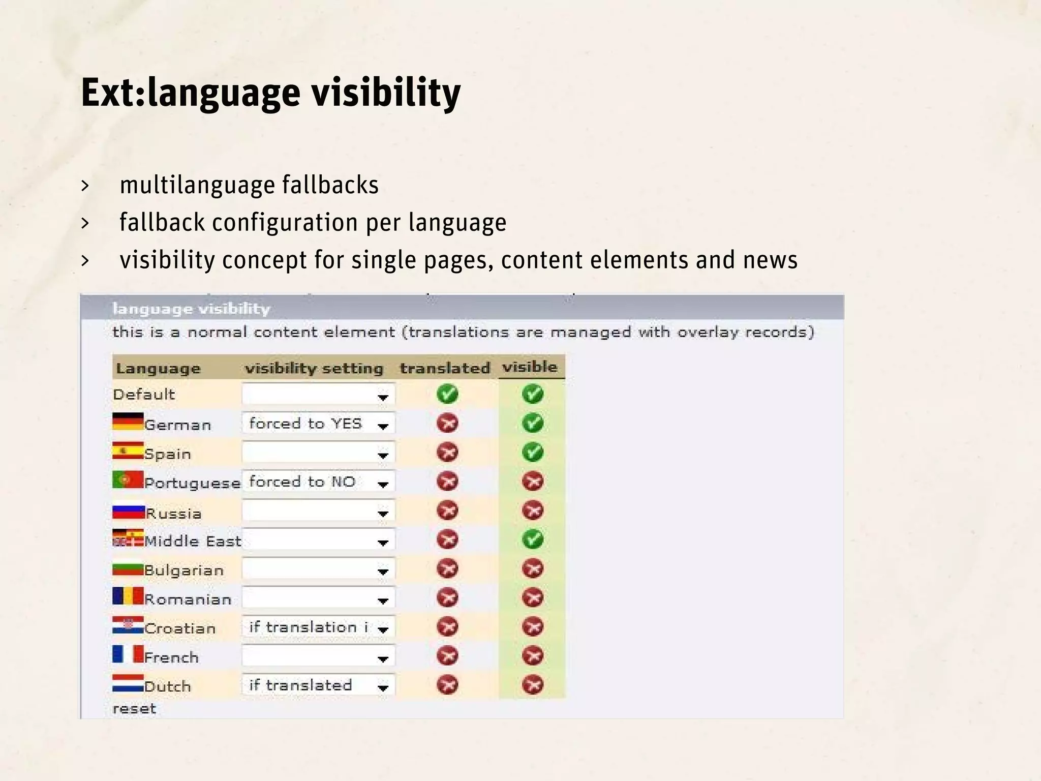 Ext:language visibility

>   multilanguage fallbacks
>   fallback configuration per language
>   visibility concept for single pages, content elements and news
 