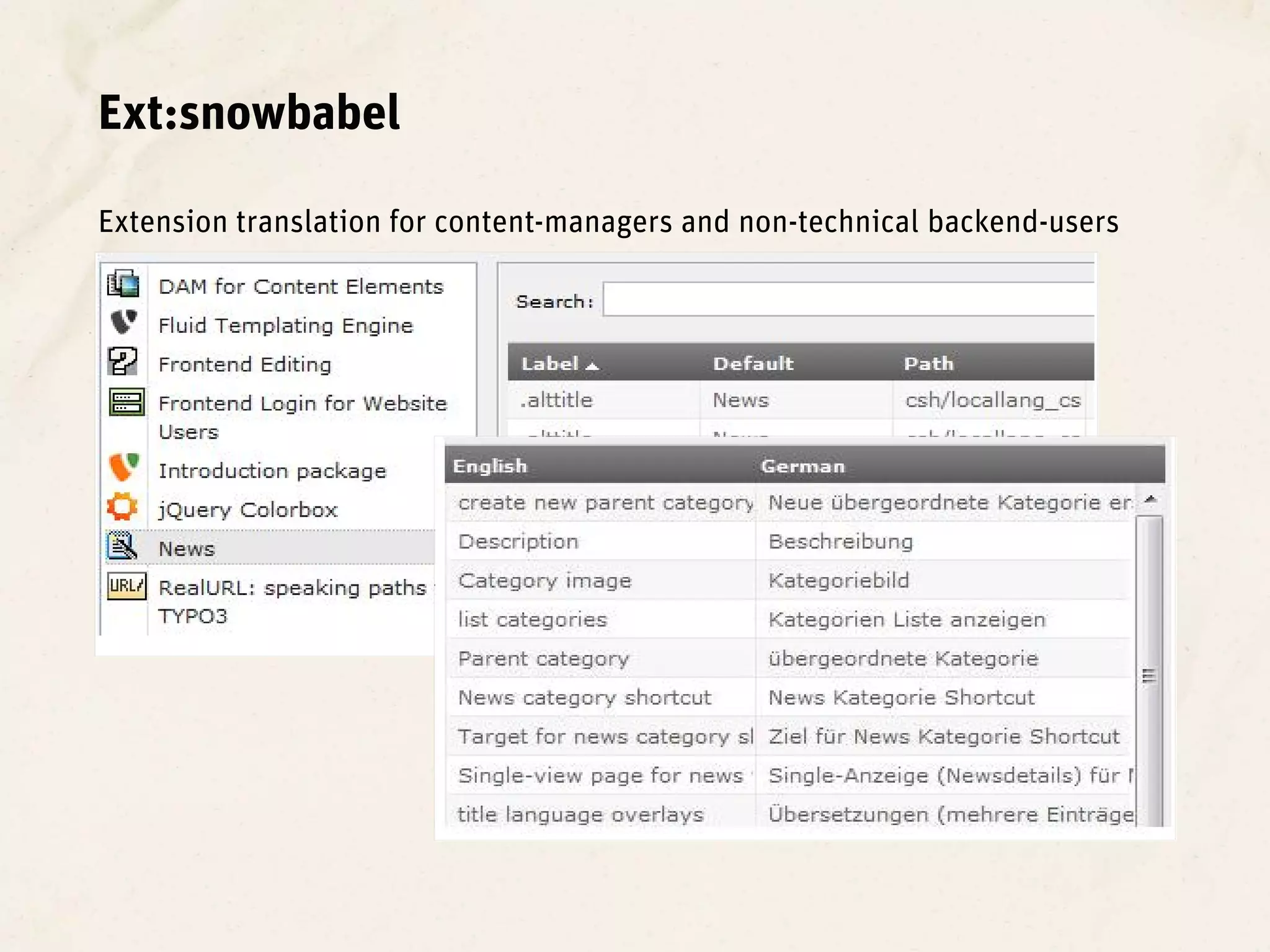 Ext:snowbabel

Extension translation for content-managers and non-technical backend-users
 