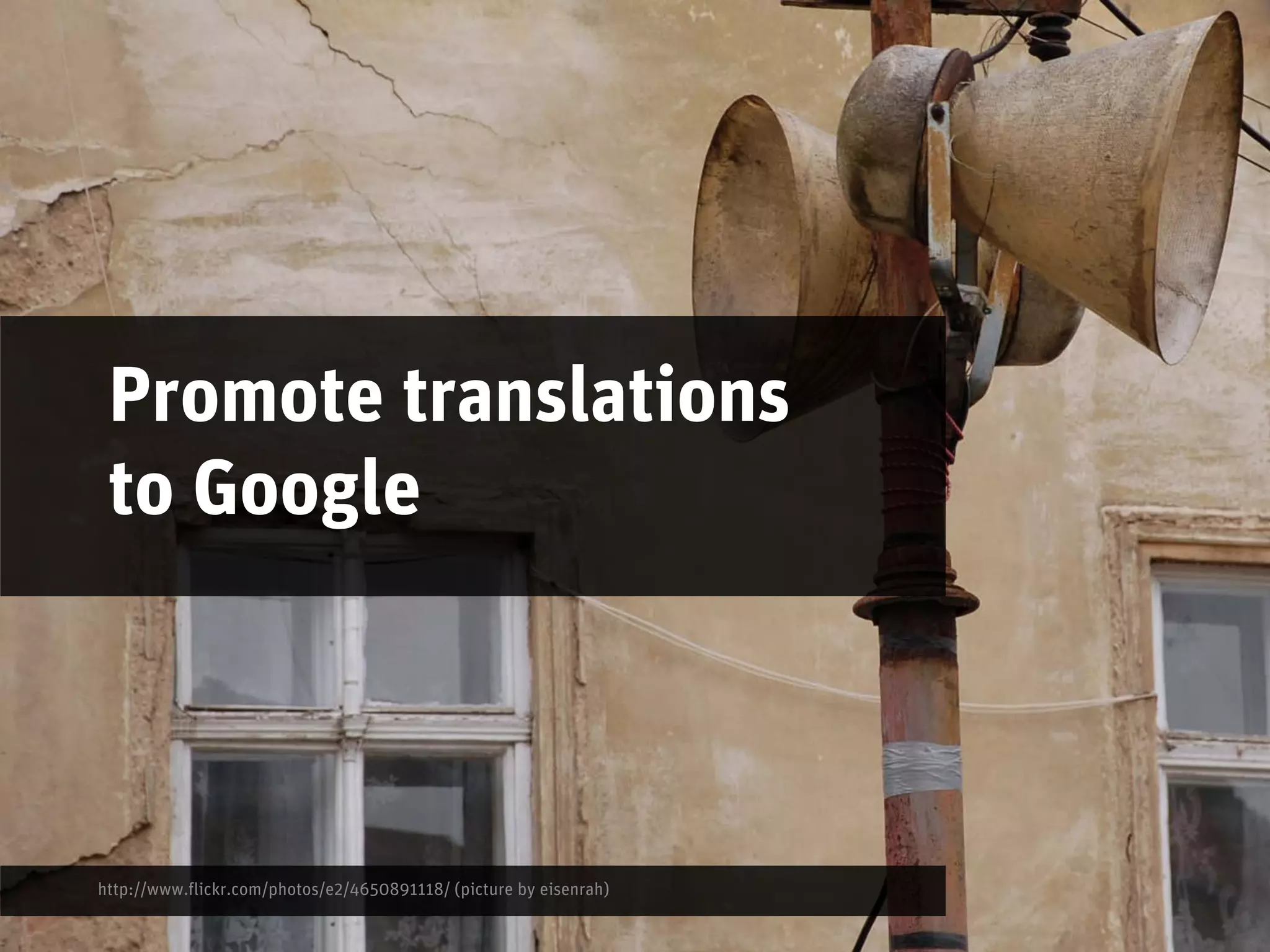 Promote translations
 to Google



http://www.flickr.com/photos/e2/4650891118/ (picture by eisenrah)
 