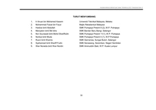 KSSM REKA BENTUK DAN TEKNOLOGI TINGKATAN 3
30
TURUT MENYUMBANG
1. Ir Anuar bin Mohamed Kassim Universiti Teknikal Malaysia, Melaka
2. Muhammad Faizal bin Fauzi Majlis Rekabentuk Malaysia
3. Hasliza binti Abdullah SMK Putrajaya Presint 9 (2), W.P. Putrajaya
4. Mariyaton binti Md Idris SMK Bandar Baru Bangi, Selangor
5. Nor Azurawati binti Mohd Shariffodin SMK Putrajaya Presint 11(1), W.P. Putrajaya
6. Norliza binti Muda SMK Putrajaya Presint 5 (1), W.P Putrajaya
7. Rusni binti Khamis SMK Sierramas, Sungai Buluh, Selangor
8. Syeharizad binti Shariff Fudin SMK Senawang, Seremban, Negeri Sembilan
9. Wan Noraida binti Wan Nordin SMK Aminuddin Baki, W.P. Kuala Lumpur
 