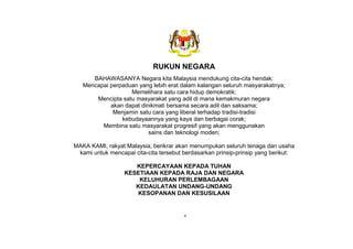 KSSM REKA BENTUK DAN TEKNOLOGI TINGKATAN 3
vii
RUKUN NEGARA
BAHAWASANYA Negara kita Malaysia mendukung cita-cita hendak:
Mencapai perpaduan yang lebih erat dalam kalangan seluruh masyarakatnya;
Memelihara satu cara hidup demokratik;
Mencipta satu masyarakat yang adil di mana kemakmuran negara
akan dapat dinikmati bersama secara adil dan saksama;
Menjamin satu cara yang liberal terhadap tradisi-tradisi
kebudayaannya yang kaya dan berbagai corak;
Membina satu masyarakat progresif yang akan menggunakan
sains dan teknologi moden;
MAKA KAMI, rakyat Malaysia, berikrar akan menumpukan seluruh tenaga dan usaha
kami untuk mencapai cita-cita tersebut berdasarkan prinsip-prinsip yang berikut:
KEPERCAYAAN KEPADA TUHAN
KESETIAAN KEPADA RAJA DAN NEGARA
KELUHURAN PERLEMBAGAAN
KEDAULATAN UNDANG-UNDANG
KESOPANAN DAN KESUSILAAN
v
 