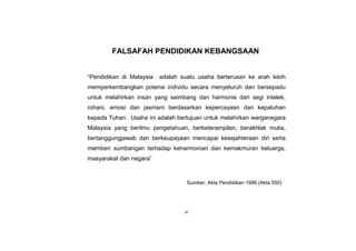 KSSM REKA BENTUK DAN TEKNOLOGI TINGKATAN 3
viii
FALSAFAH PENDIDIKAN KEBANGSAAN
“Pendidikan di Malaysia adalah suatu usaha berterusan ke arah lebih
memperkembangkan potensi individu secara menyeluruh dan bersepadu
untuk melahirkan insan yang seimbang dan harmonis dari segi intelek,
rohani, emosi dan jasmani berdasarkan kepercayaan dan kepatuhan
kepada Tuhan. Usaha ini adalah bertujuan untuk melahirkan warganegara
Malaysia yang berilmu pengetahuan, berketerampilan, berakhlak mulia,
bertanggungjawab dan berkeupayaan mencapai kesejahteraan diri serta
memberi sumbangan terhadap keharmonian dan kemakmuran keluarga,
masyarakat dan negara”
Sumber: Akta Pendidikan 1996 (Akta 550)
vi
 