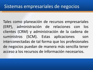 Sistemas empresariales de negocios
Tales como planeación de recursos empresariales
(ERP), administración de relaciones con los
clientes (CRM) y administración de la cadena de
suministros (SCM). Estas aplicaciones
son
interconectadas de tal forma que los profesionales
de negocios puedan de manera más sencilla tener
acceso a los recursos de información necesarios.

 
