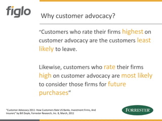 Why customer advocacy?

                           “Customers who rate their firms highest on
                           customer advocacy are the customers least
                           likely to leave.

                           Likewise, customers who rate their firms
                           high on customer advocacy are most likely
                           to consider those firms for future
                           purchases”

“Customer Advocacy 2011: How Customers Rate US Banks, Investment Firms, And
Insurers” by Bill Doyle, Forrester Research, Inc. 8, March, 2011
 