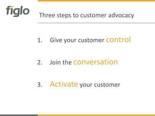 Three steps to customer advocacy


1.   Give your customer control


2.   Join the conversation


3.   Activate your customer
 
