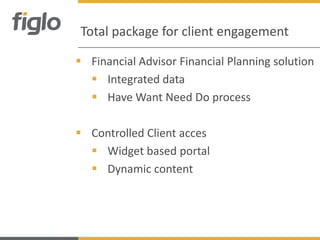 Total package for client engagement

 Financial Advisor Financial Planning solution
   Integrated data
   Have Want Need Do process

 Controlled Client acces
   Widget based portal
   Dynamic content
 