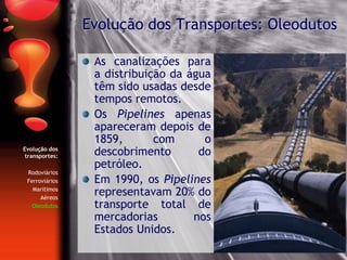 As canalizações para
a distribuição da água
têm sido usadas desde
tempos remotos.
Os Pipelines apenas
apareceram depois de
1859, com o
descobrimento do
petróleo.
Em 1990, os Pipelines
representavam 20% do
transporte total de
mercadorias nos
Estados Unidos.
Evolução dos Transportes: Oleodutos
Evolução dos
transportes:
Rodoviários
Ferroviários
Marítimos
Aéreos
Oleodutos
 
