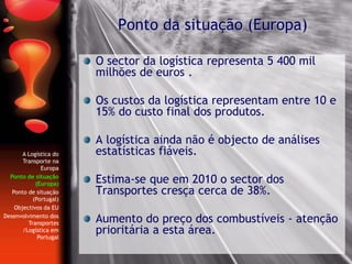 A Logística do
Transporte na
Europa
Ponto de situação
(Europa)
Ponto de situação
(Portugal)
Objectivos da EU
Desenvolvimento dos
Transportes
/Logística em
Portugal
O sector da logística representa 5 400 mil
milhões de euros .
Os custos da logística representam entre 10 e
15% do custo final dos produtos.
A logística ainda não é objecto de análises
estatísticas fiáveis.
Estima-se que em 2010 o sector dos
Transportes cresça cerca de 38%.
Aumento do preço dos combustíveis - atenção
prioritária a esta área.
Ponto da situação (Europa)
 
