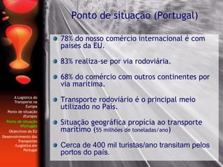 78% do nosso comércio internacional é com
países da EU.
83% realiza-se por via rodoviária.
68% do comércio com outros continentes por
via marítima.
Transporte rodoviário é o principal meio
utilizado no País.
Situação geográfica propícia ao transporte
marítimo (55 milhões de toneladas/ano)
Cerca de 400 mil turistas/ano transitam pelos
portos do país.
Ponto de situação (Portugal)
A Logística do
Transporte na
Europa
Ponto de situação
(Europa)
Ponto de situação
(Portugal)
Objectivos da EU
Desenvolvimento dos
Transportes
/Logística em
Portugal
 