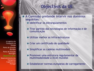 A Comissão pretende intervir nos domínios
seguintes:
Identificar os estrangulamentos
Tirar partido das tecnologias de informação e de
comunicação
Utilizar melhor as infra-estruturas
Criar um certificado de qualidade
Simplificar as cadeias multimodais
Promover uma estrutura regulamentar da
multimodalidade a nível mundial
Estabelecer normas europeias de carregamento
Objectivos da UE
A Logística do
Transporte na
Europa
Ponto de situação
(Europa)
Ponto de situação
(Portugal)
Objectivos da EU
Desenvolvimento dos
Transportes
/Logística em
Portugal
 