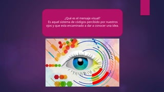 ¿Qué es el mensaje visual?
Es aquel sistema de códigos percibido por nuestros
ojos y que esta encaminado a dar a conocer una idea.
 