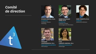 Comité
de direction
SYLVAIN SÉNÉCAL, Ph.D.
Co-directeur
Professeur titulaire
Marketing
FRANÇOIS
COURTEMANCHE, Ph.D.
Responsable des opérations
Informatique
MARC FREDETTE, Ph.D.
Professeur
Science de la décision
PIERRE-MAJORIQUE
LÉGER, Ph.D.
Co-directeur
Professeur titulaire
Technologies de l’information
ELISE
LABONTÉ-LEMOYNE, Ph.D.
Chercheure postoctorale
Kinésiologie
 