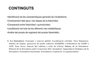 CONTINGUTS 
•Identificació de les característiques generals de l’anabolisme. 
•Coneixement dels tipus i les etapes de la fotosíntesi. 
•Comparació entre fotosíntesi i quimiosíntesi. 
•Localització cel·lular de les diferents vies metabòliques. 
•Anàlisi del procés de regulació del procés fotosintètic. 
 