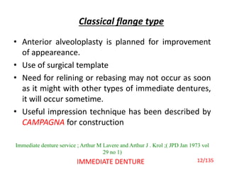 Classical flange type
• Anterior alveoloplasty is planned for improvement
of appeareance.
• Use of surgical template
• Need for relining or rebasing may not occur as soon
as it might with other types of immediate dentures,
it will occur sometime.
• Useful impression technique has been described by
CAMPAGNA for construction
IMMEDIATE DENTURE
Immediate denture service ; Arthur M Lavere and Arthur J . Krol ;( JPD Jan 1973 vol
29 no 1)
12/135
 