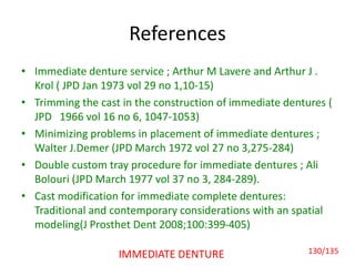 References
• Immediate denture service ; Arthur M Lavere and Arthur J .
Krol ( JPD Jan 1973 vol 29 no 1,10-15)
• Trimming the cast in the construction of immediate dentures (
JPD 1966 vol 16 no 6, 1047-1053)
• Minimizing problems in placement of immediate dentures ;
Walter J.Demer (JPD March 1972 vol 27 no 3,275-284)
• Double custom tray procedure for immediate dentures ; Ali
Bolouri (JPD March 1977 vol 37 no 3, 284-289).
• Cast modification for immediate complete dentures:
Traditional and contemporary considerations with an spatial
modeling(J Prosthet Dent 2008;100:399-405)
IMMEDIATE DENTURE 130/135
 