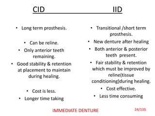 CID IID
• Long term prosthesis.
• Can be reline.
• Only anterior teeth
remaining.
• Good stability & retention
at placement to maintain
during healing.
• Cost is less.
• Longer time taking
• Transitional /short term
prosthesis.
• New denture after healing
• Both anterior & posterior
teeth present.
• Fair stability & retention
which must be improved by
reline(tissue
conditioning)during healing.
• Cost effective.
• Less time consuming
24/135IMMEDIATE DENTURE
 