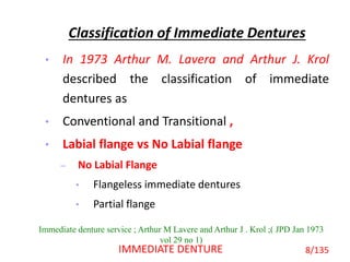 Classification of Immediate Dentures
• In 1973 Arthur M. Lavera and Arthur J. Krol
described the classification of immediate
dentures as
• Conventional and Transitional ,
• Labial flange vs No Labial flange
– No Labial Flange
• Flangeless immediate dentures
• Partial flange
8/135IMMEDIATE DENTURE
Immediate denture service ; Arthur M Lavere and Arthur J . Krol ;( JPD Jan 1973
vol 29 no 1)
 